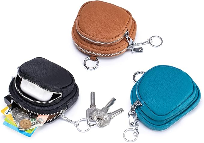Genuine Leather Coin Purse with Keychain Clip Dual Zipper Mini Wallet Small Cute Pouch for Women & Men Compact Card Holder Wallet Key Holder (Blue)