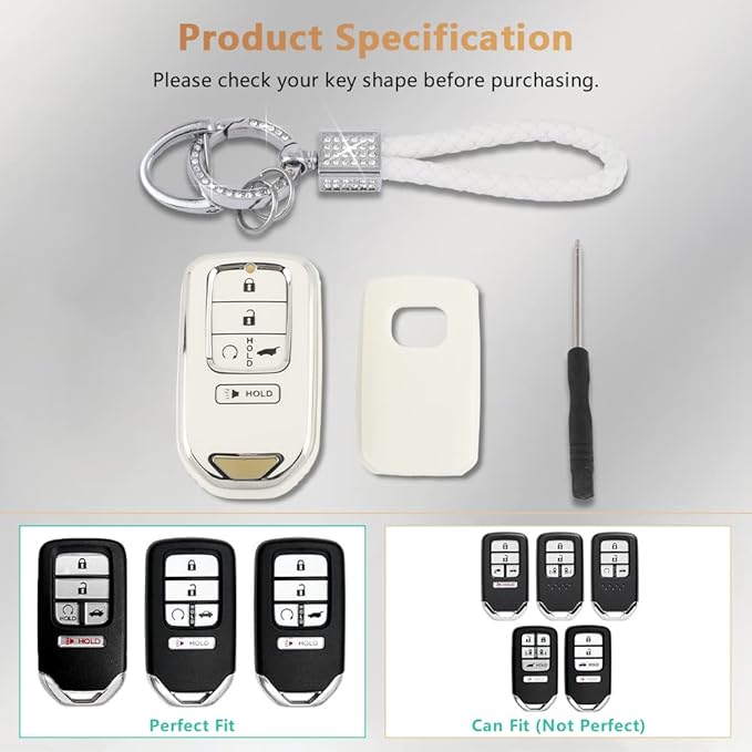 PIFOOG Key Fob Cover for Honda Accord Civic CRV Pilot Passport Insight Accessories White TPU 5 Buttons Smart Keys Case Shell Protector Bling Car Keychain Girly Women