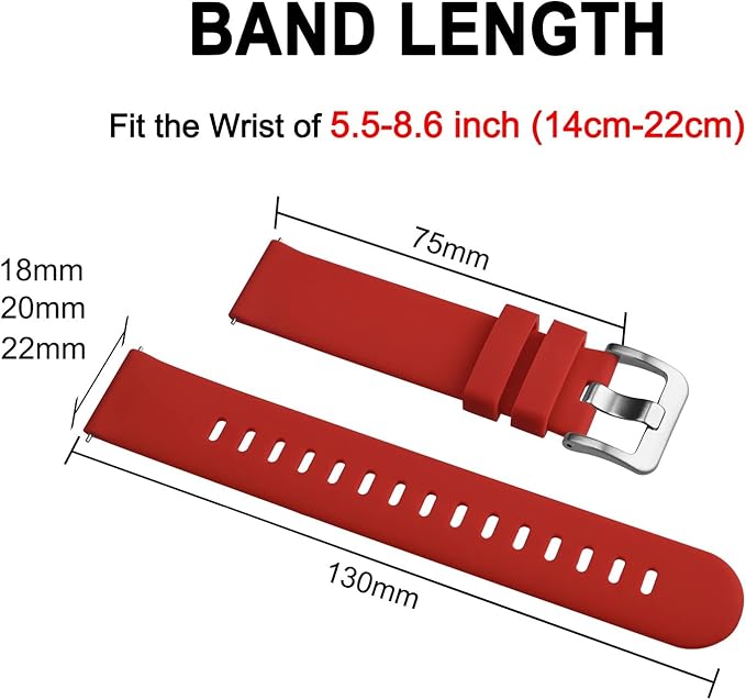 BISONSTRAP Silicone Watch Bands, Slim Watch Straps with Quick Release, 20mm, Red with Silver Buckle
