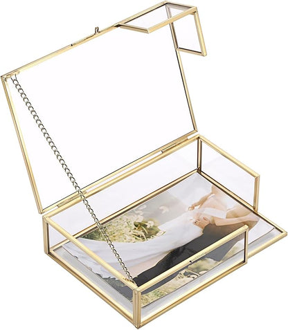 Hipiwe Gold Glass Photo Box,Vintage Photo Storage Organizer, Trinket Box Jewelry Display Organizer Keepsake Box Case Home Decor (Small)