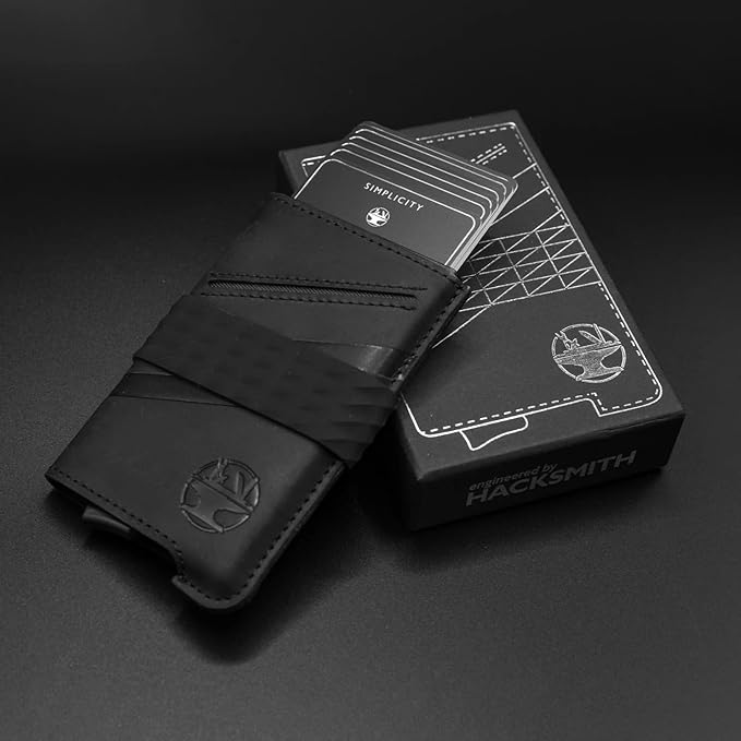 Hacksmith The Smith Wallet – Slim RFID Blocking Wallet for Men – Minimalist Front Pocket Wallet with Money Clip Band – Tactical Leather and Metal Wallets for Credit Cards & Cash (Black)