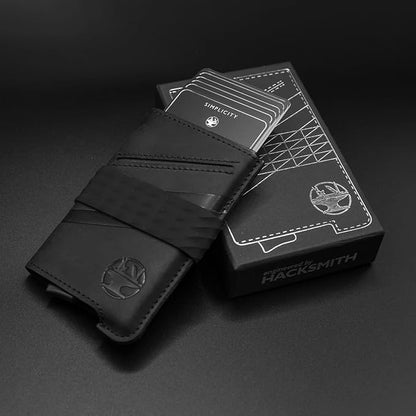 Hacksmith The Smith Wallet – Slim RFID Blocking Wallet for Men – Minimalist Front Pocket Wallet with Money Clip Band – Tactical Leather and Metal Wallets for Credit Cards & Cash (Black)