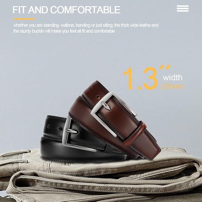 DOOPAI Men's Genuine Leather Dress Belt 2Pack - Handmade Classic Casual and Business Belt, 100% Cow Leather Prong Buckle,