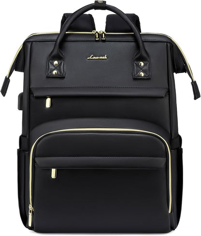 LOVEVOOK Leather Laptop Backpack for Women 15.6 inch,Travel Purse Nurse Teacher Computer Bag,Professional College Business Work Bags Carry On with USB Port,Black