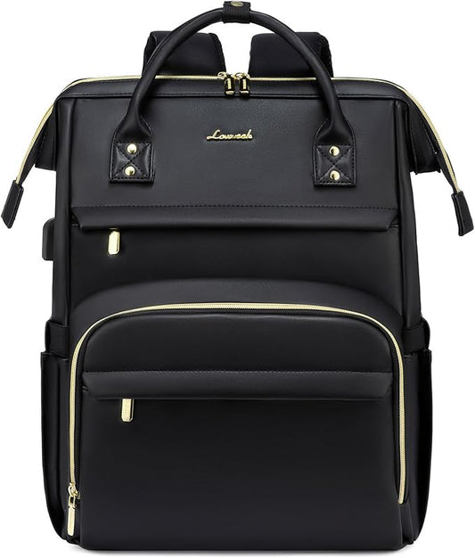 LOVEVOOK Leather Laptop Backpack for Women 18 inch,Travel Backpack Purse Nurse Teacher Backpack Computer Laptop Bag,Professional College Business Work Bags Carry On Backpack with USB Port,Black