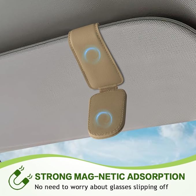 Sunglass Holder for Car, Sunglasses Clip for Car Visor, Magnetic Leather Vehicle Eyeglass Hanger Clip, Auto Ticket Card Glasses Organizer Clamp Accessories for SUV Sedan (Beige)