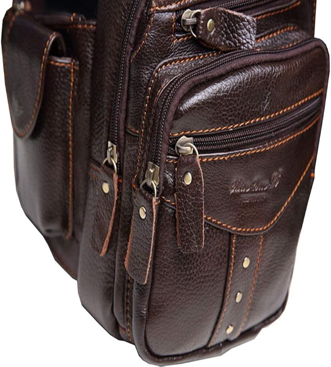 Hebetag Leather Sling Bag Crossbody Backpack for Men Women Multipurpose Single Shoulder Chest Pack Daypack Outdoor Travel Casual Day Pack Coffee