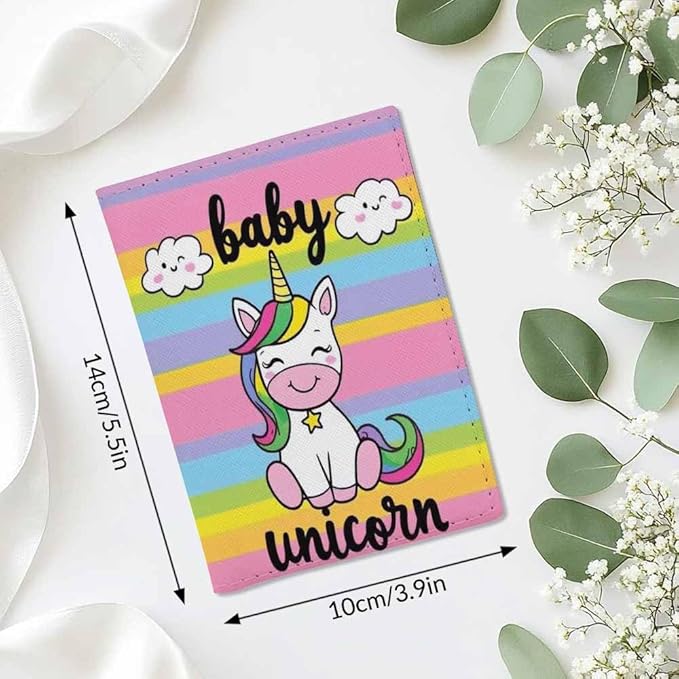 Rainbow Unicorn Passport Holder for Travel Colorful Stripes PU Leather Passport Cover Wallet Cute Passport Card Holder for Women and Men