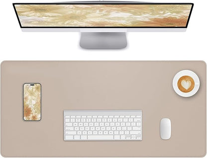 Leather Desk Pad Protector Large Mouse Pad, Stitched Locking Edge Non-Slip PU Leather Desk Mat Laptop Desk Pad Blotter, Waterproof Durable Writing Pad for Office and Home (Beige, 120 x 43cm)