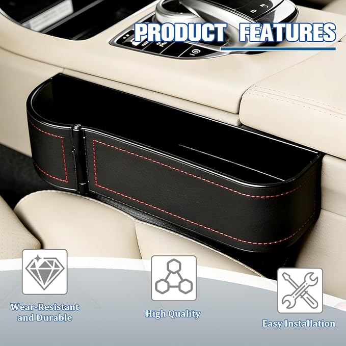 Car Seat Gap Filler Organizer with Cup Holder Expander, Leather Console Seam Filler Storage Box, Auto Front Seat Gap Organizer for Phones Keys Glasses, Universal Fit (Black/Red Driver)