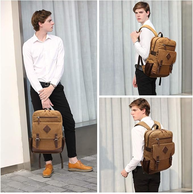 Modoker Eco-Friendly Canvas Backpack for Men Women, Vintage Rucksack Fits Most 15.6 Inch Laptop, Bookbag with USB Charging Port, Brown