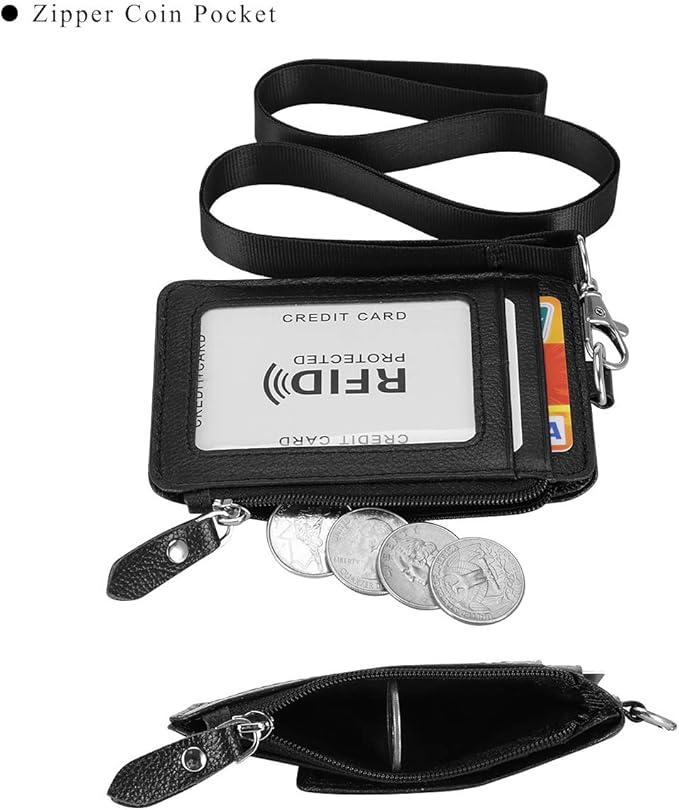 Badge Holder with Zipper Genuine Leather RFID Keychain Wallet Neck Lanyards with Swivel Hook for Card/Coin/Cash, Black