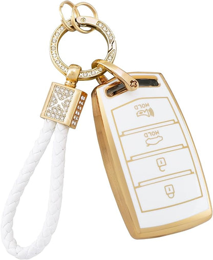PIFOOG Key Fob Cover for Genesis G80 G90 G70 Accessories 4 Buttons Car Smart Keys Shell Case Bling Keychain Landyard Protector Protection Girly Women White Gold Cute TPU