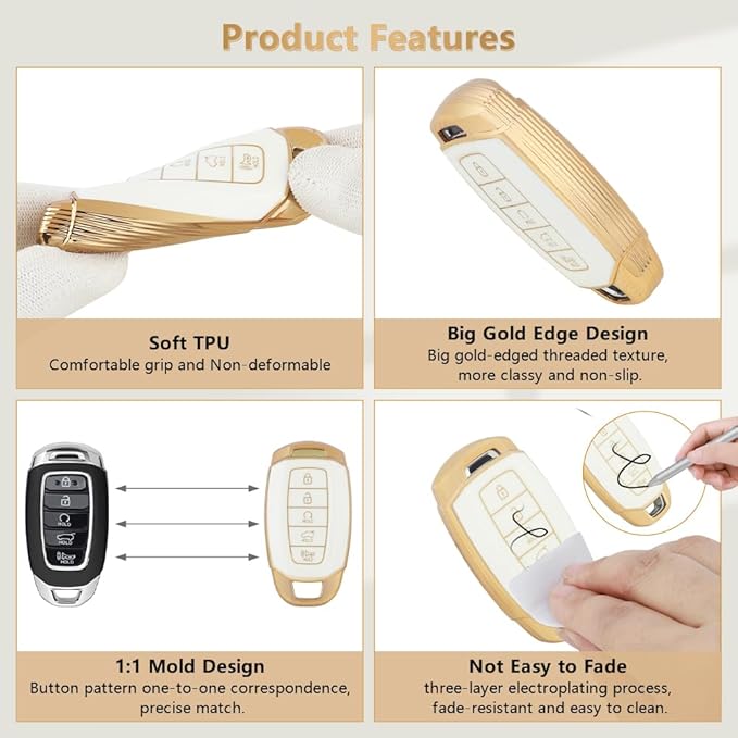 PIFOOG for Elantra Key Fob Cover Palisade 2023 2022 2021 2020 5 Buttons Car Keys Case Shell Protector Holder Glittering Keychain Accessories Girly Women Cute TPU Gold White