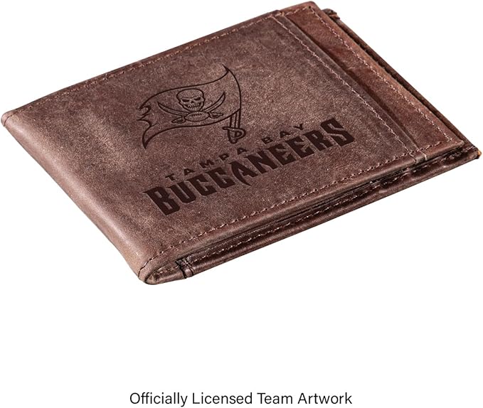 Team Sports America NFL Tampa Bay Buccaneers Front Pocket Slim Wallet for Men | Minimalist Leather RFID Blocking Bifold Card Holder with Money Clip | Officially Licensed Stamped Logo