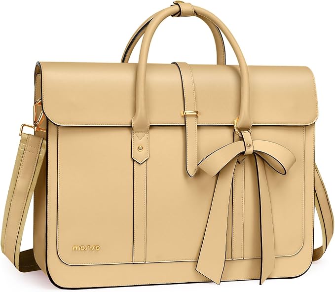 MOSISO Laptop Bag for Women, 13-14 inch PU Leather Laptop Shoulder Bags Convertible Backpack, 13.3 inch Messenger Bags Casual Handbag Work Briefcase Travel Computer Bag with Bowknot, Turmeric