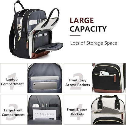 Laptop Backpack for Women Bag - 15.6 inch Work Bags with USB Charger College Bookbag Business Computer Backpack Purse Beige Black Brown