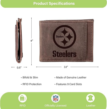 Team Sports America NFL Pittsburgh Steelers Front Pocket Slim Wallet for Men | Minimalist Leather RFID Blocking Bifold Card Holder with Money Clip | Officially Licensed Stamped Logo