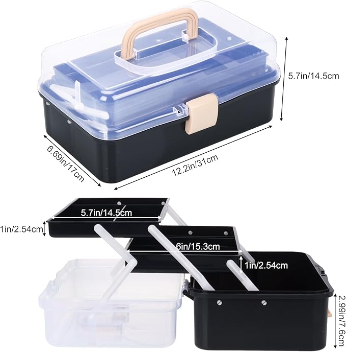 Craft Organizers, Tackle Box 3-Layer Portable Folding Toolbox, Plastic Tool Box with Handle for Sewing Supplies, Medicine, Art Supplies, Nails and Hair Accessories 12.5inch Black