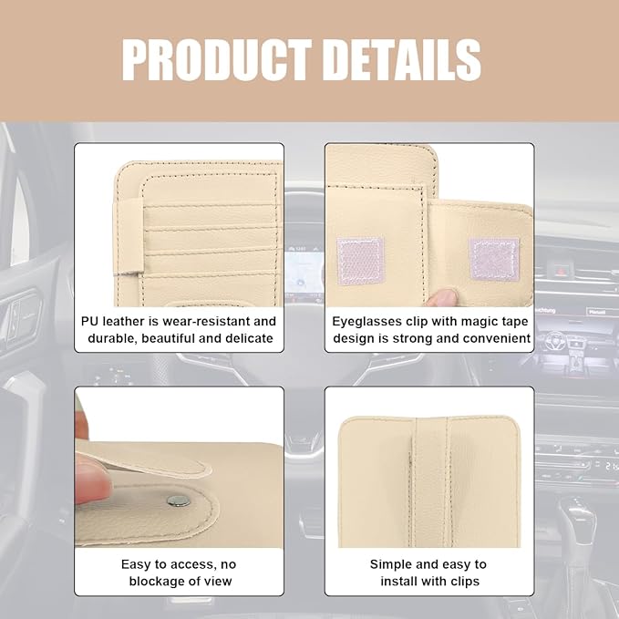 Augeny 2 PCS Car Sun Visor Organizer, Small Auto Visor Organizer and Storage, Registration and Document Holder for Sunglasses, Card, Pen, Driver License, Car Accessories (Beige)
