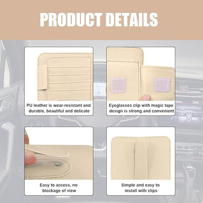 Augeny 2 PCS Car Sun Visor Organizer, Small Auto Visor Organizer and Storage, Registration and Document Holder for Sunglasses, Card, Pen, Driver License, Car Accessories (Beige)