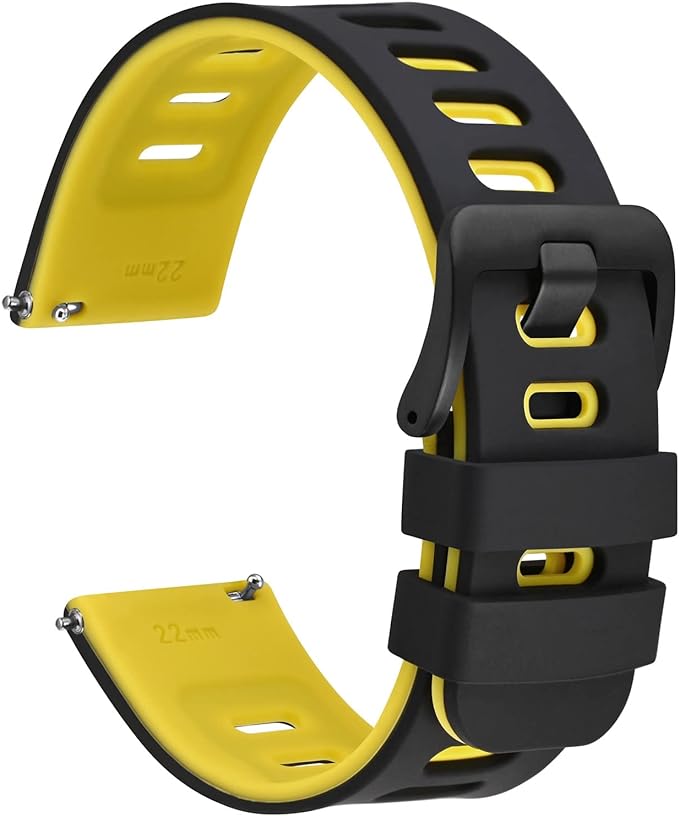 WOCCI 20mm Bicolor Watch Band, Silicone Rubber, Quick Release Replacement Strap for Men and Women, Black Stainless Steel Buckle (Black-Yellow)