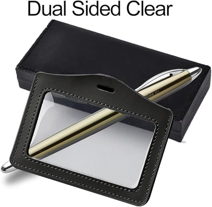 Larpur Horizontal Badge Holders, Double-Sided Clear ID Card Cases, PU Leather Work ID Badge Case, Pack of 2 Card Protector for School Office Black