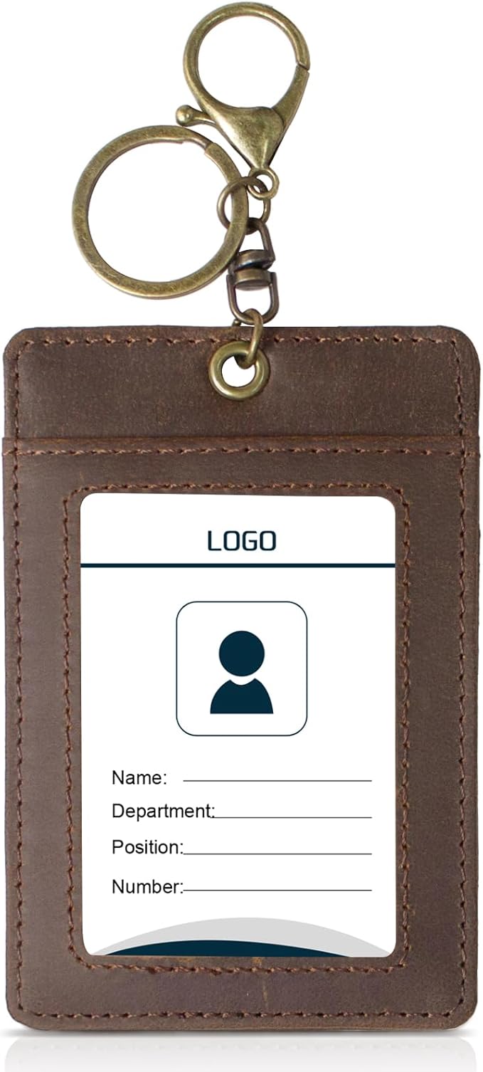 Badge Holder: Boshiho Cowhide Leather ID Card Badge Holder with Keychain Key Ring, Vertical Style (Dark Brown)