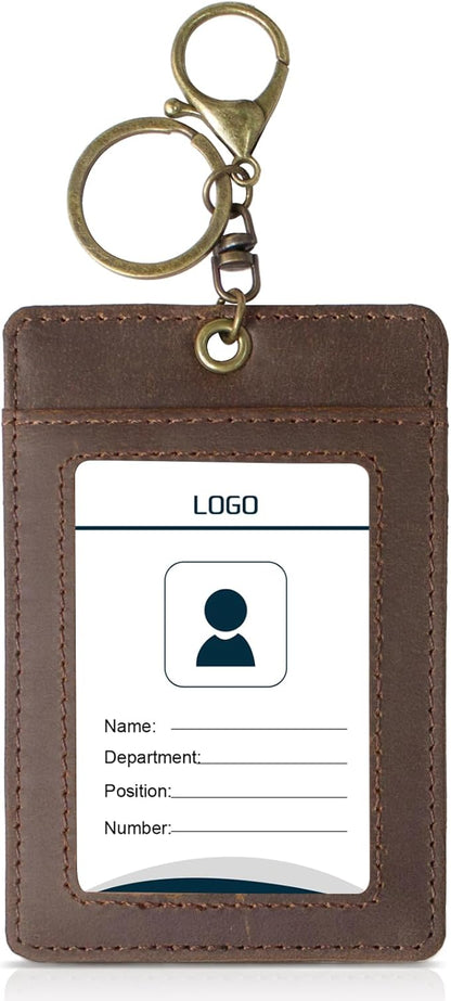 Badge Holder: Boshiho Cowhide Leather ID Card Badge Holder with Keychain Key Ring, Vertical Style (Dark Brown)