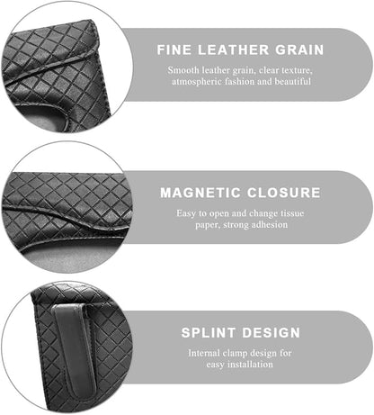 Car Tissue Holder, PU Leather Sun Visor Hanging Paper Napkin Dispenser with Tissue Refill, Backseat Mask Towel Case Visor Organizer with Magnetic Closure, Car Accessories (Black)
