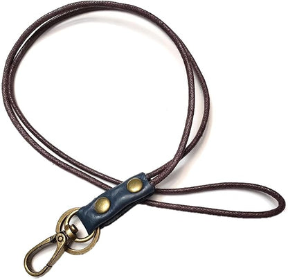 Aslana Genuine Leather Rope Necklace Lanyard for Key ID Badge Holder, Lobster Claw Clasp, Vintage Retro Style (1-Pack,19in Neck Lanyard, Rope Dark Blue Leather)