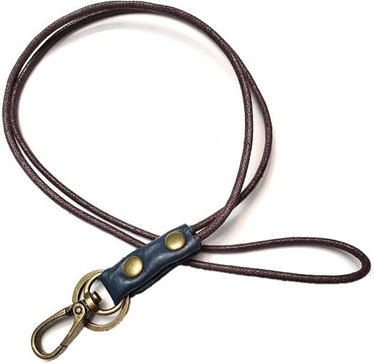 Aslana Genuine Leather Rope Necklace Lanyard for Key ID Badge Holder, Lobster Claw Clasp, Vintage Retro Style (1-Pack,19in Neck Lanyard, Rope Dark Blue Leather)