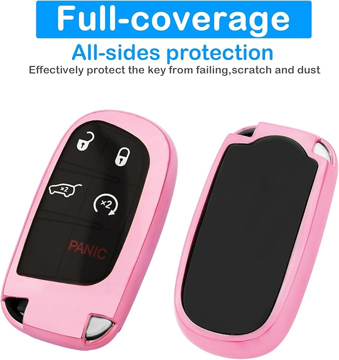 XIYANG TRADE for Jeep Key Fob Cover with Keychain,Soft TPU Key Case Shell Full Protection for Grand Cherokee Renegade Chrysler 200 300 Dodge RAM Durango Challenger Journey Dart Compass Charger(Pink)