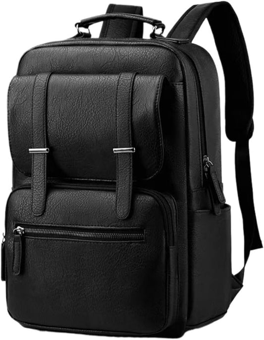 Business Men and Women PU Leather Backpack 15.6inch Laptop Waterproof Backpack Travel Commuter Lightweight schoolbag (Black backpack4,Large)