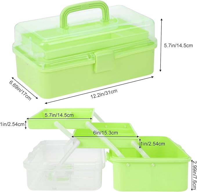 Small Toolbox with Handle, Tackle Box 3-Layer Craft Organizers, Portable Folding Plastic Tool Box for Sewing Supplies, Medicine, Art Supplies, Nails and Hair Accessories(Green)