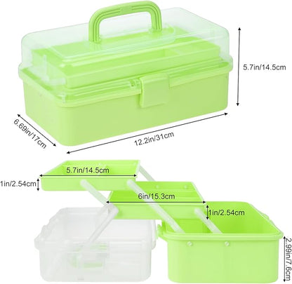 Small Toolbox with Handle, Tackle Box 3-Layer Craft Organizers, Portable Folding Plastic Tool Box for Sewing Supplies, Medicine, Art Supplies, Nails and Hair Accessories(Green)