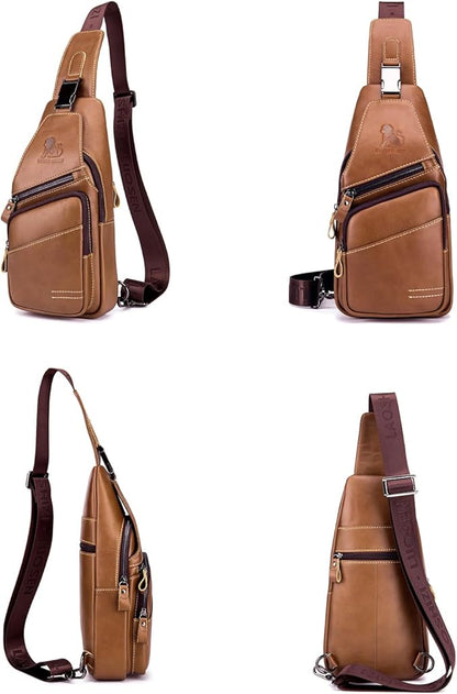 pundarika Leather Sling Bag for Men - Crossbody, Casual Shoulder Bag. Multi-Functional Chest Bag, Travel & Hiking Backpack - Brown