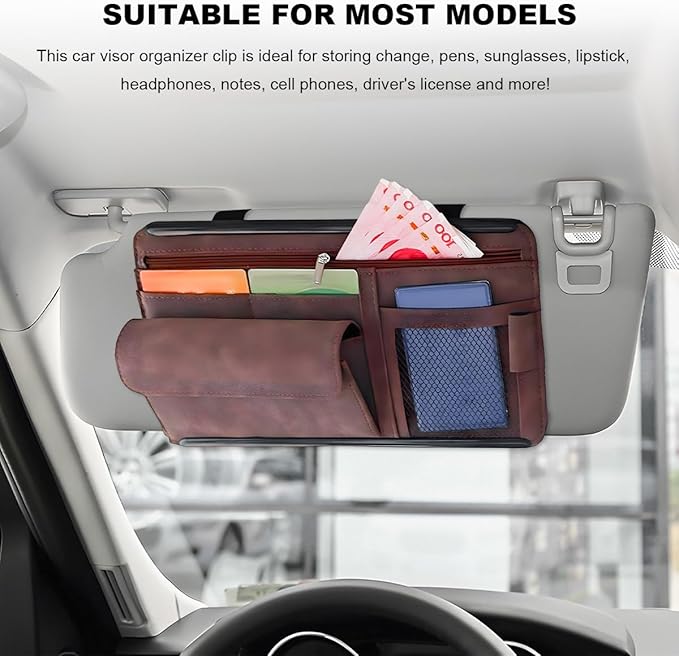 Sun Walker Car Sun Visor Organizer, Suede Leather Visor Storage Pouch Holder with Net Zipper, Multi-Pocket Vehicle Sunshade Organizer for Eyeglasses Card License Registration (Brown)
