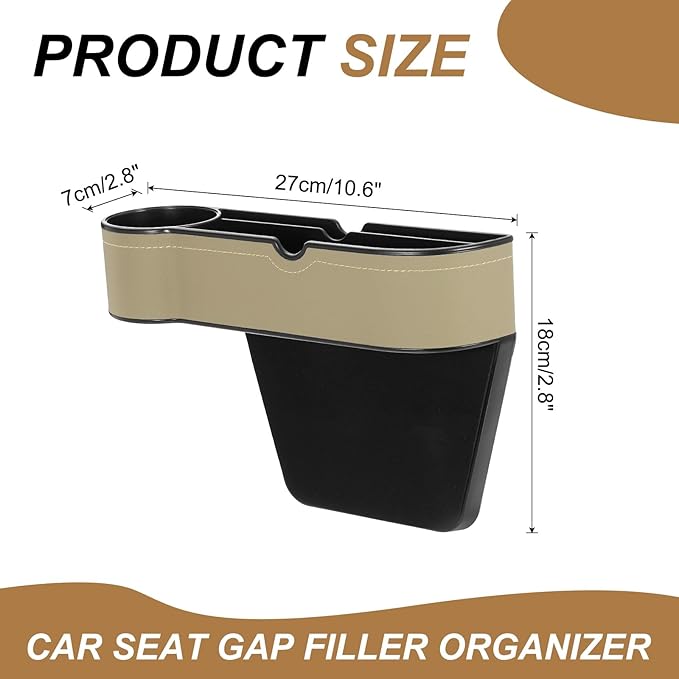 HARFINGTON Car Seat Gap Filler Organizer 10.6 x 7.1 x 2.8 Inch ABS+Leather Universal Car Organizer Storage Box Between Seat and Console (Left) with Cup Holders for Phone Keys, Beige