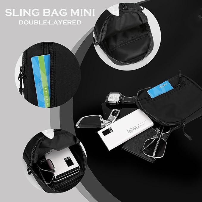 Mini Sling Bag for Men Small Crossbody Bag Dual Pocket Water Resistant Small Chest Bags for Travel Running Phone Holder (Black)