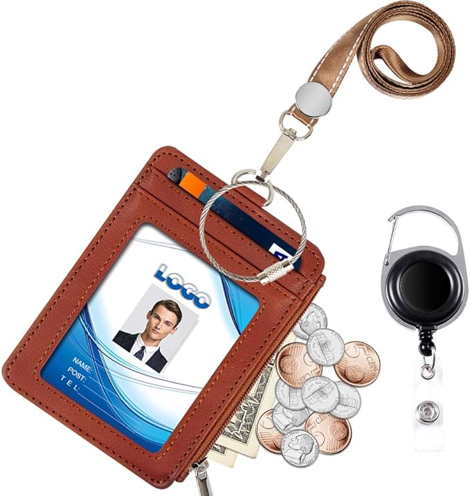 Badge Holder with Zipper, Life-Mate PU Leather ID Badge Card Holder Wallet Case with 5 Card Slots Zipper Pocket 19" Polyester Neck Lanyard Heavy Duty Metal Retractable Badge Reel (tan)