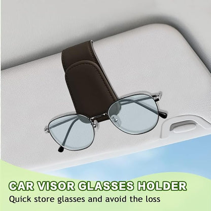 Sunglass Holder for Car, Sunglasses Clip for Car Visor, Magnetic Leather Vehicle Eyeglass Hanger Clip, Auto Ticket Card Glasses Organizer Clamp Accessories for SUV Sedan (Brown)