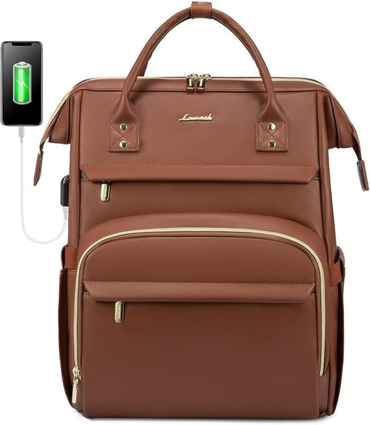 Leather Laptop Backpack for Women with USB Port - 17in, Travel Purse for Nurse, Teacher, College, Business - Carry On Backpack by LOVEVOOK