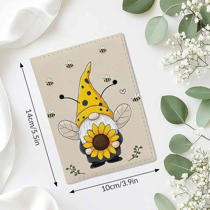 Bee Gnome Passport Holder for Travel Sunflower Leaf Love PU Leather Passport Cover Wallet Cute Passport Card Holder for Women and Men