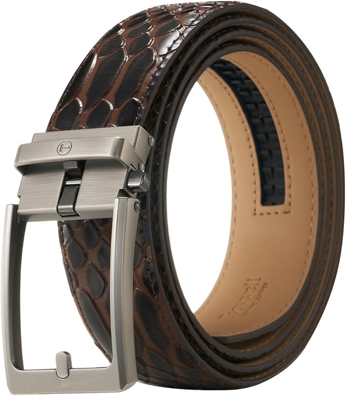 Tonywell Men's Ratchets Belt, Crocodile Embossed Texture, 1-3/8 Wide, Alligator Brown