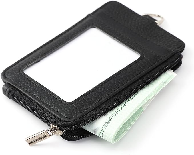 Genuine Leather id Badge Holder with Zipper Pocket,Vertical Lanyard Wallet,id Covers for Work Badge, Credit Card,Cruise Ship Cards,Black