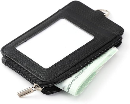 Genuine Leather id Badge Holder with Zipper Pocket,Vertical Lanyard Wallet,id Covers for Work Badge, Credit Card,Cruise Ship Cards,Black