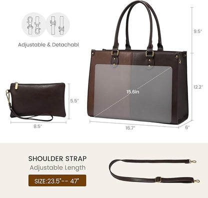 LOVEVOOK Laptop Tote Bag for Women, 15.6 Inch Large Capacity Vintage Leather Work Computer Bag, Business Casual Shoulder Handbag, Brown & Coffee