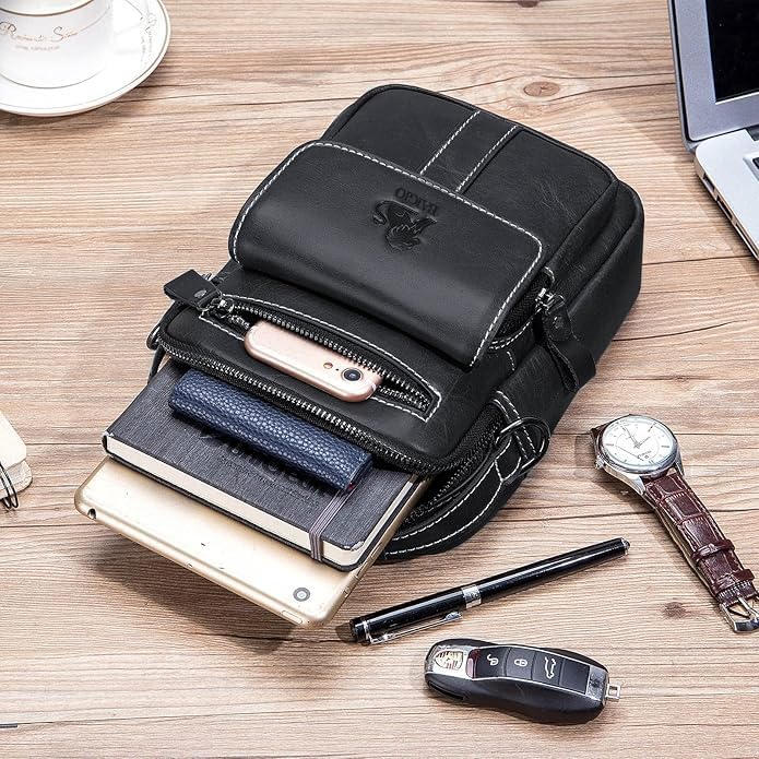 BAIGIO Genuine Leather Small Messenger Bag for Men Crossbody Shoulder Bag for Ipad MIni Handbag Man Purse for Daily Business | Genuine Leather, Small, for Ipad Mini, Man Purse, for Daily Business