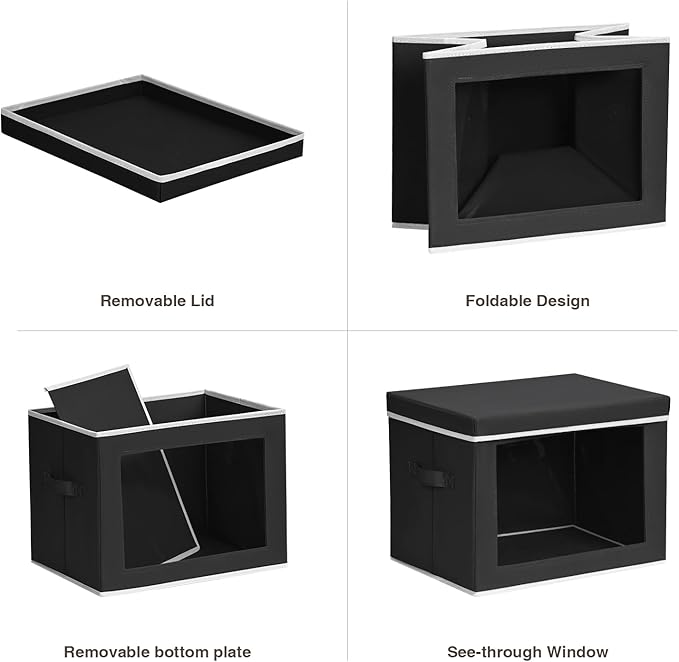 Homsorout Storage Bins with Lids, 3 Pack Large Storage Cubes with Window, Closet Bins with Lids & Handles, Fabric Box for Organizing Clothes, Towels, Books, Black